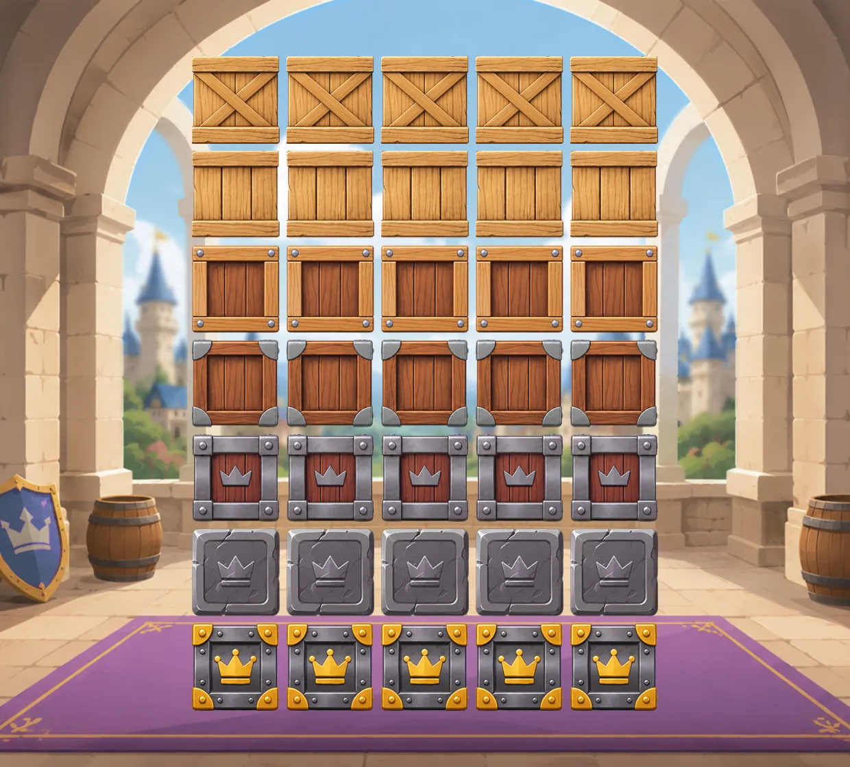 Игровое поле Royal Drop: стена 5 на 7 из ящиков разной прочности в замковом зале